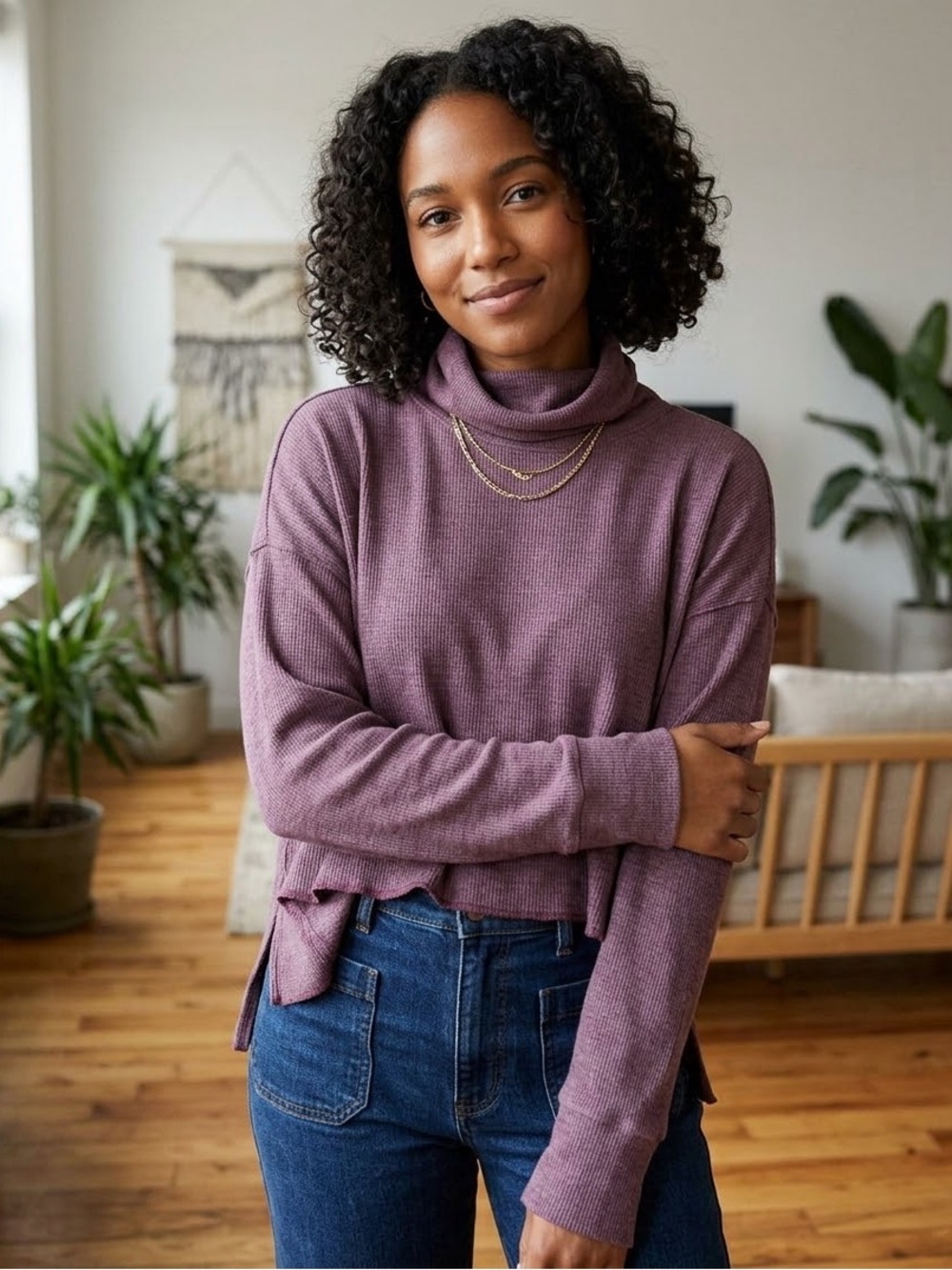 American Eagle Outfitters Plum Waffle-Knit Turtleneck Tunic